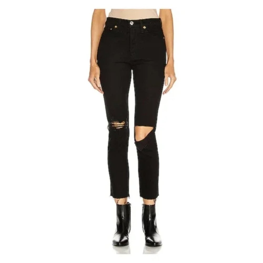 RE/DONE 90'S High Rise Cotton Ankle Crop In Black Distress Jeans Women Size 23